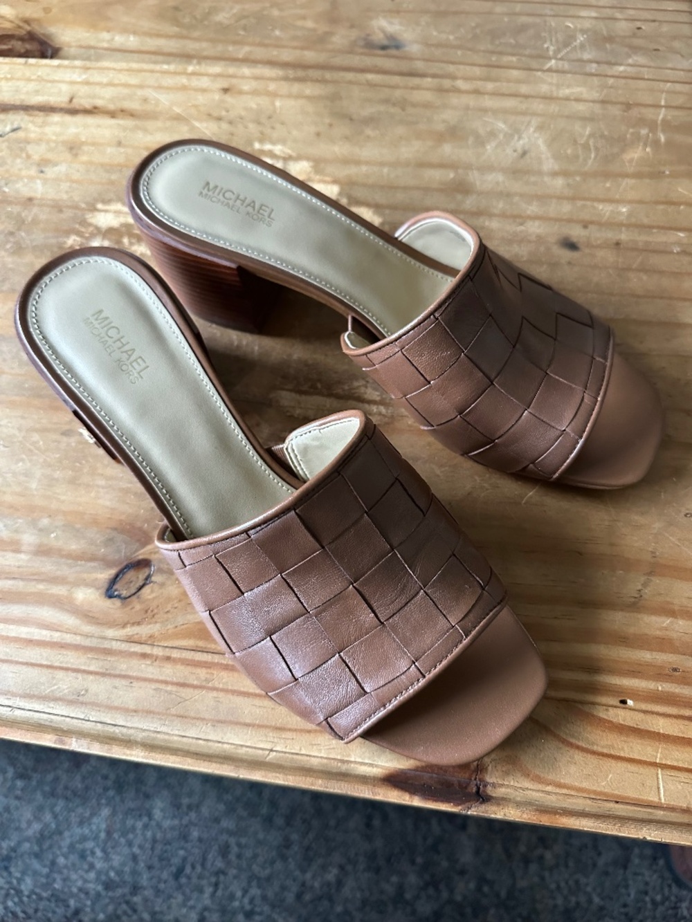 Michael Kors Brown Leather Woven Heeled Slides Size 8